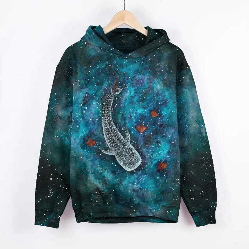 Unisex  Shimmering Starry Sky And Whales Art Print Long Sleeved Hoodie - Dark Green - US44-46(8XL) - image 1