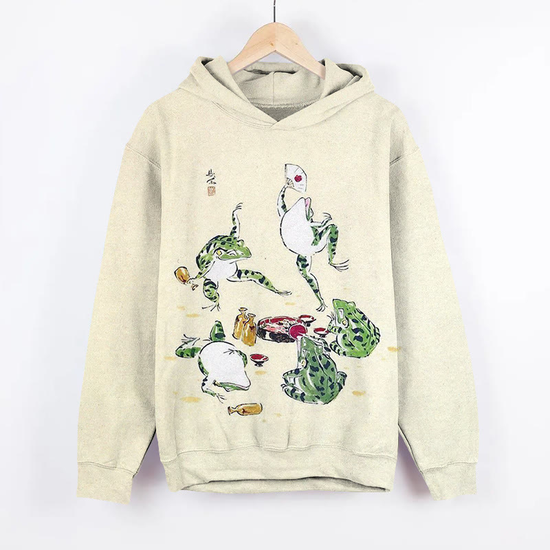 Unisex  Japanese Style Fun Frog Party Art Print Long Sleeved Hoodie - Apricot - US44-46(8XL) - image 1