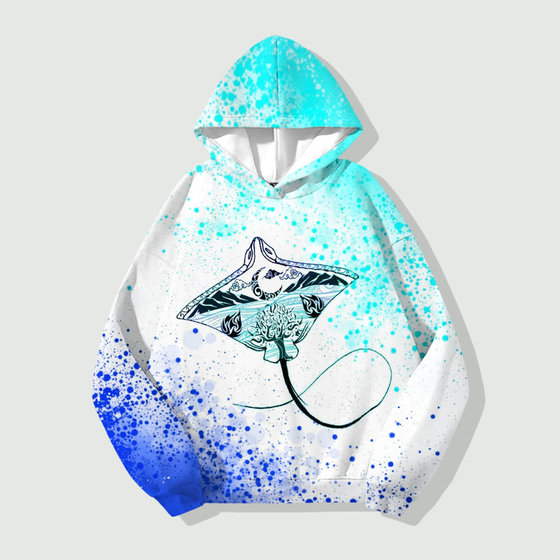 Unisex  Watercolor Manta Ray Print Long Sleeved Hoodie - White - US44-46(8XL) - image 1