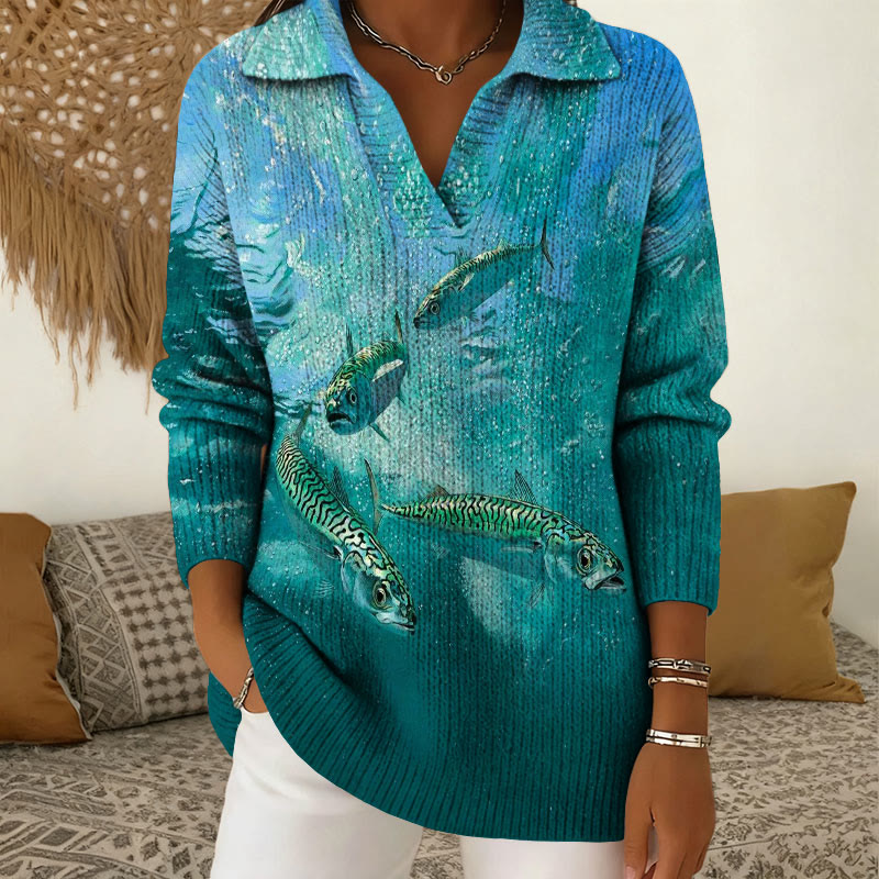 Deep Sea Fish Pattern Polo Collar Long Sleeved Sweater - Green - 5XL - image 1