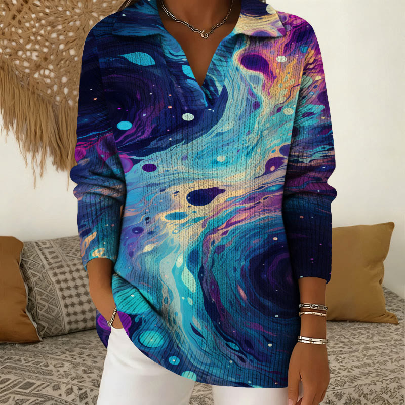 Gradient Tie Dye Patterns Polo Collar Long Sleeved Sweater - Dark Blue - 5XL - image 1