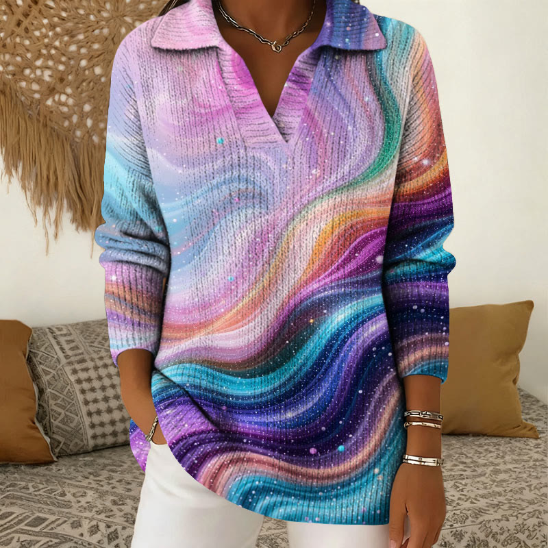 Colorful Starry Sky Gradient Patterns Polo Collar Long Sleeved Sweater - Pink - 5XL - image 1