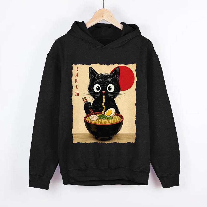 Unisex Ramen Lovers Cat Pattern Long Sleeved Hoodie - Black - US44-46(8XL) - image 1