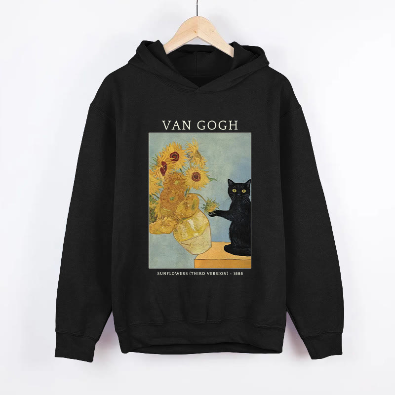 Unisex Retro Sunflower Cat Pattern Long Sleeved Hoodie - Black - US44-46(8XL) - image 1