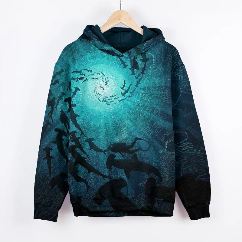 Unisex Deep Sea Swirling Schools Of Fish Pattern Long Sleeved Hoodie - Dark Green - US44-46(8XL) - image 1