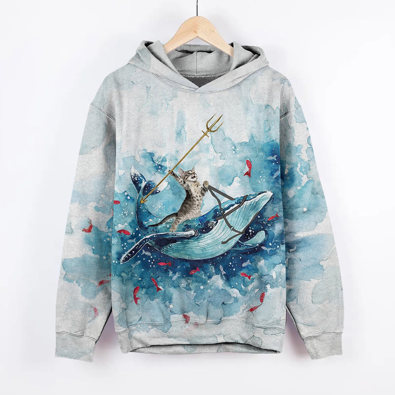 Unisex Whale Cat Pattern Long Sleeved Hoodie - Grey - US44-46(8XL) - image 1