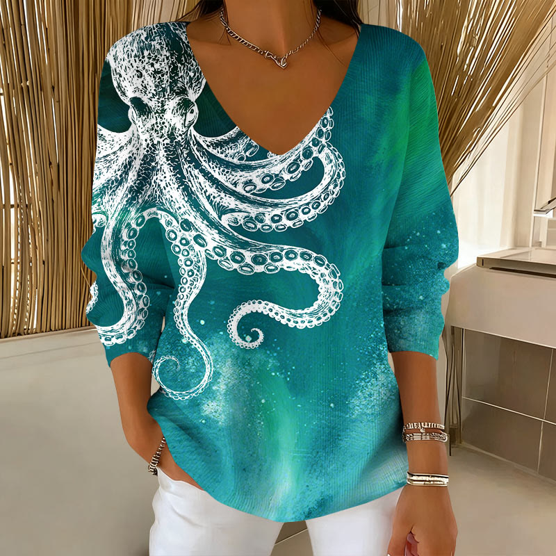 Vintage Aurora Abstract White Octopus Art V-neck Long Sleeved Sweater - Green - 5XL - image 2