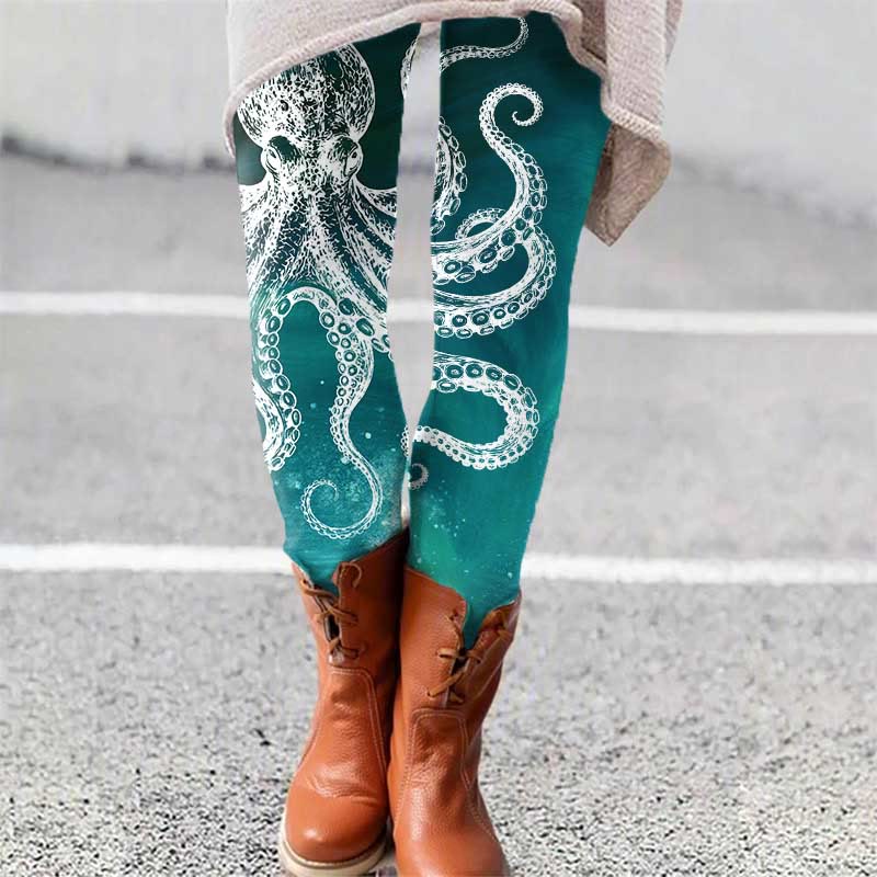 Vintage Aurora Abstract White Octopus Art Print Leggings - Green - 5XL - image 1