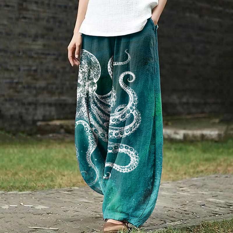 Vintage Aurora Abstract White Octopus Art Print Casual Pants - Green - US18(5XL) - image 1