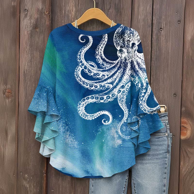 Vintage Aurora Abstract White Octopus Art Print V-neck Half Sleeve Blouse - image 4
