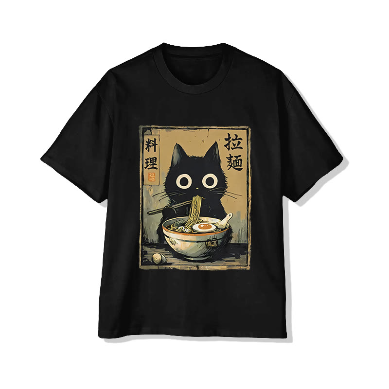 Unisex Cute Black Cat Eating Ramen Japan Classic Print Short Sleeve Crew Neck T-Shirt - Black - 2XL - image 1