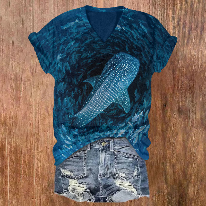 Deep Sea Whirlpool Whale Print Short Sleeved V-Neck T-Shirt - Dark Blue - US32-34(5XL) - image 1