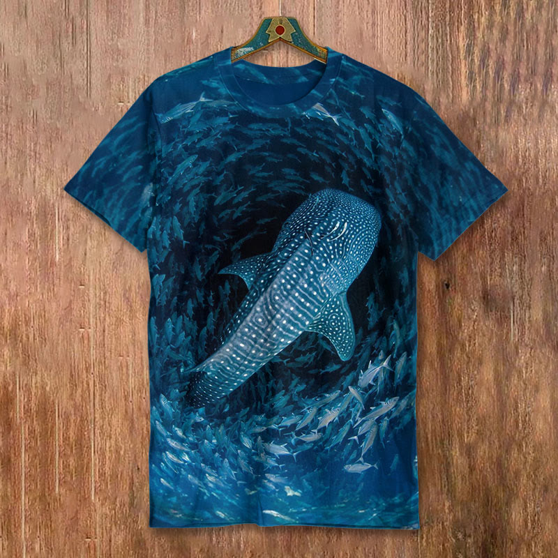 Unisex Deep Sea Whirlpool Whale  Print  Casual Round Neck T-shirt - Dark Blue - 8XL - image 1