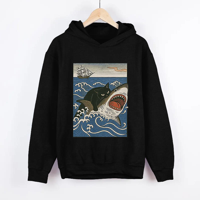Unisex Cat Hunting Shark  Pattern Long Sleeved Hoodie - Black - US44-46(8XL) - image 1