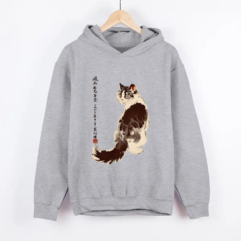 Unisex Japanese Cat Pattern Long Sleeved Hoodie - Grey - US44-46(8XL) - image 1