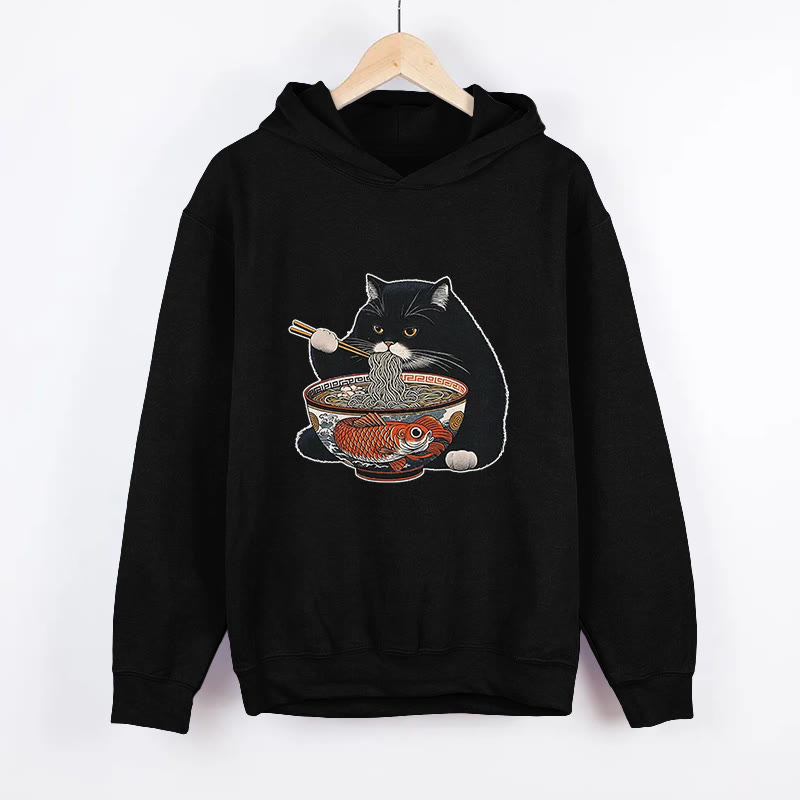 Unisex Fat Cat Eating Ramen Pattern Long Sleeved Hoodie - Black - US44-46(8XL) - image 5