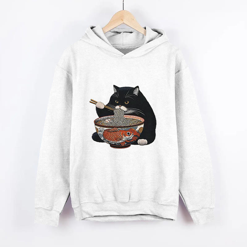 Unisex Fat Cat Eating Ramen Pattern Long Sleeved Hoodie - White - US44-46(8XL) - image 2
