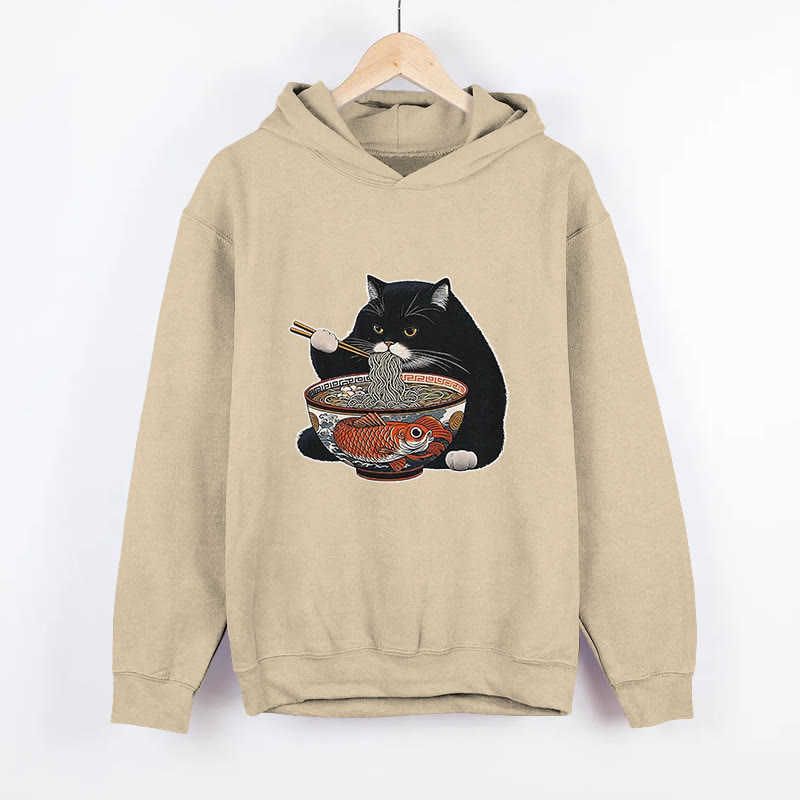 Unisex Fat Cat Eating Ramen Pattern Long Sleeved Hoodie - Apricot - US44-46(8XL) - image 3