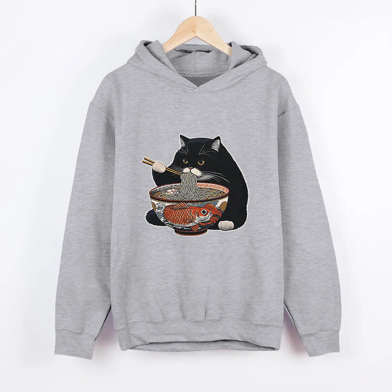 Unisex Fat Cat Eating Ramen Pattern Long Sleeved Hoodie - Grey - US44-46(8XL) - image 1