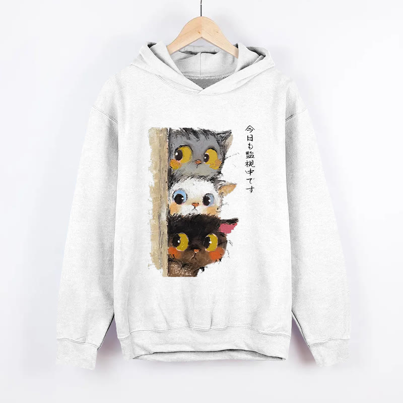 UnisexThree Cats Secretly Monitor Their Owner Pattern Long Sleeved Hoodie - White - US44-46(8XL) - image 1