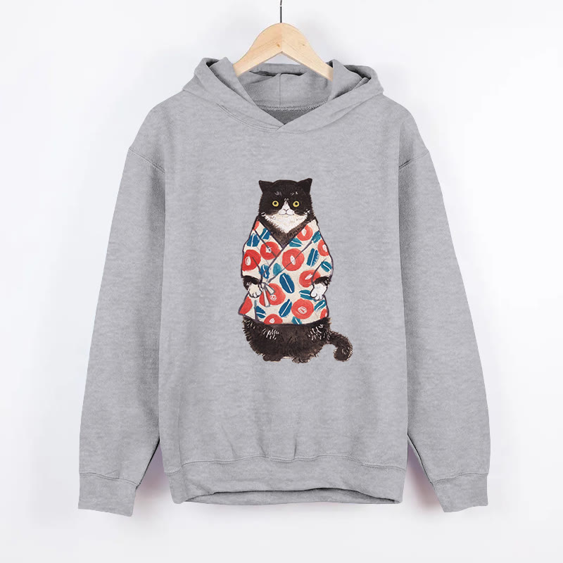 Unisex  Japanese Cat Pattern Long Sleeved Hoodie - Grey - US44-46(8XL) - image 2