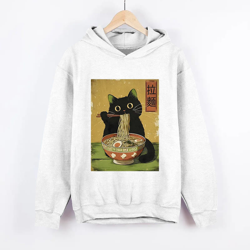 Unisex Vintage Japanese Cat Eating Ramen Pattern Long Sleeved Hoodie - White - US44-46(8XL) - image 5