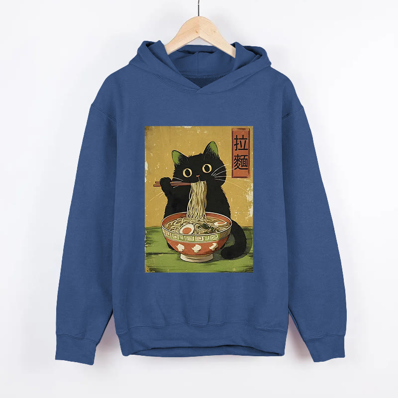 Unisex Vintage Japanese Cat Eating Ramen Pattern Long Sleeved Hoodie - Dark Blue - US44-46(8XL) - image 2