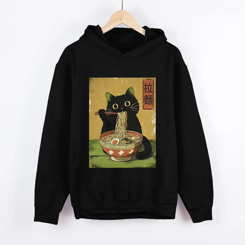 Unisex Vintage Japanese Cat Eating Ramen Pattern Long Sleeved Hoodie - Black - US44-46(8XL) - image 1