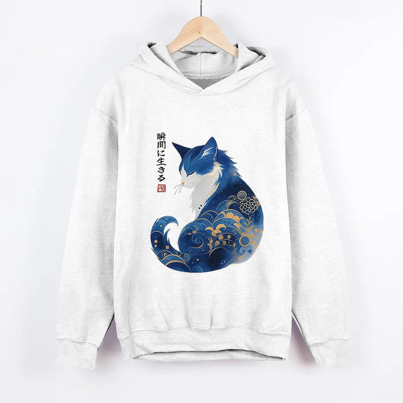 Unisex Retro Zen Cat Living the Present Pattern Long Sleeved Hoodie - White - US44-46(8XL) - image 2