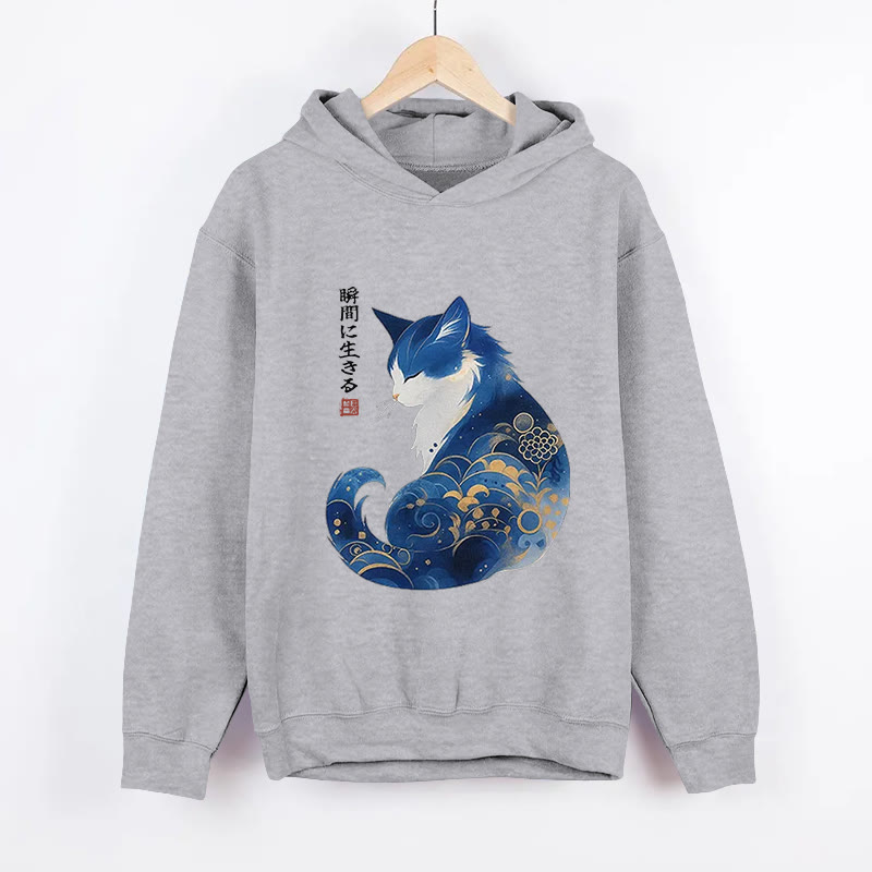 Unisex Retro Zen Cat Living the Present Pattern Long Sleeved Hoodie - Grey - US44-46(8XL) - image 1
