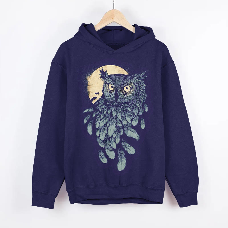 Unisex Vintage Owl Art Pattern Long Sleeved Hoodie - Navy Blue - US44-46(8XL) - image 2