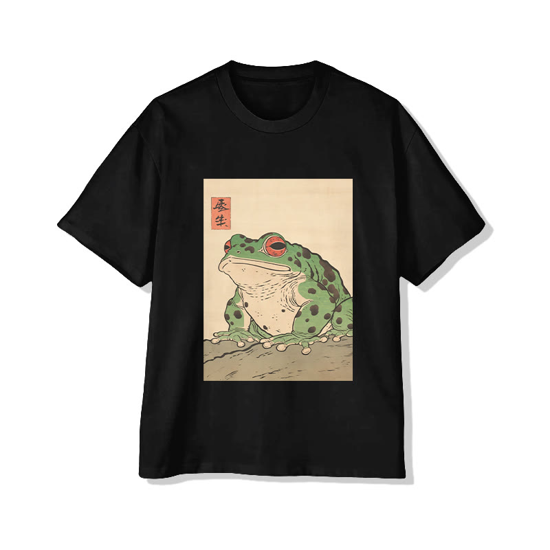 UnisexJapanese Retro Frog Print Short Sleeved Crew Neck T-Shirt - Black - 2XL - image 2