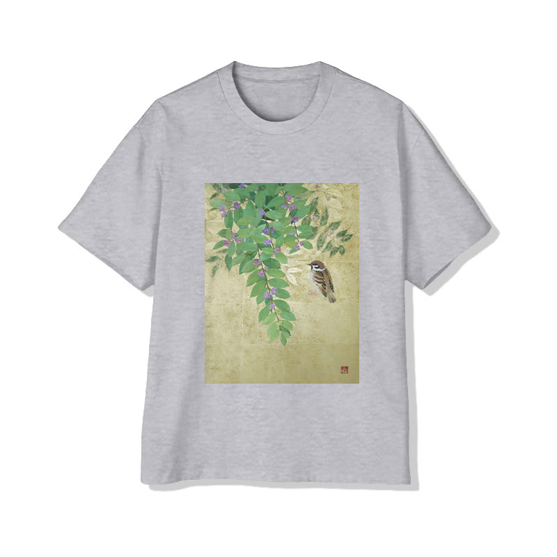 Unisex Japanese Serene Floral And Bird Art Print Short Sleeved Crew Neck T-Shirt - Grey - 2XL - image 2