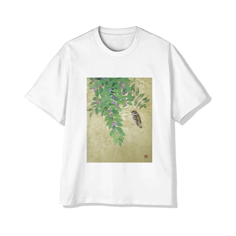 Unisex Japanese Serene Floral And Bird Art Print Short Sleeved Crew Neck T-Shirt - White - 2XL - image 1