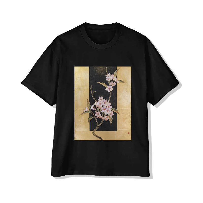 Unisex Japanese Cherry Blossom Art Pattern Short Sleeved Crew Neck T-Shirt - Black - 2XL - image 2