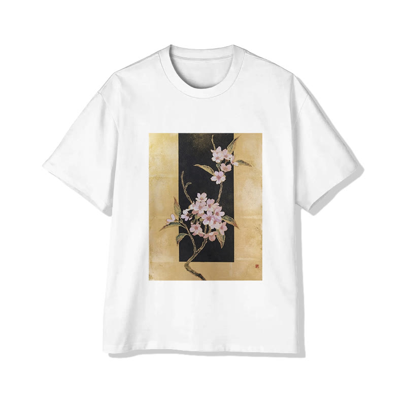 Unisex Japanese Cherry Blossom Art  Pattern Short Sleeved Crew Neck T-Shirt - White - 2XL - image 1