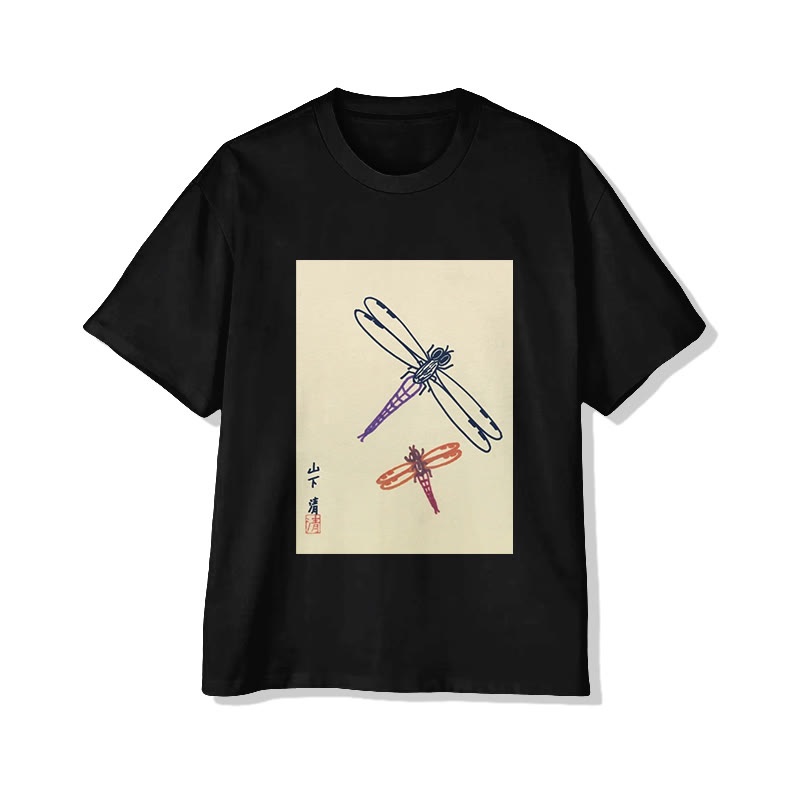 Unisex Japanese Dragonfly Ukiyo-e Art Pattern Short Sleeved Crew Neck T-Shirt - Black - 2XL - image 3