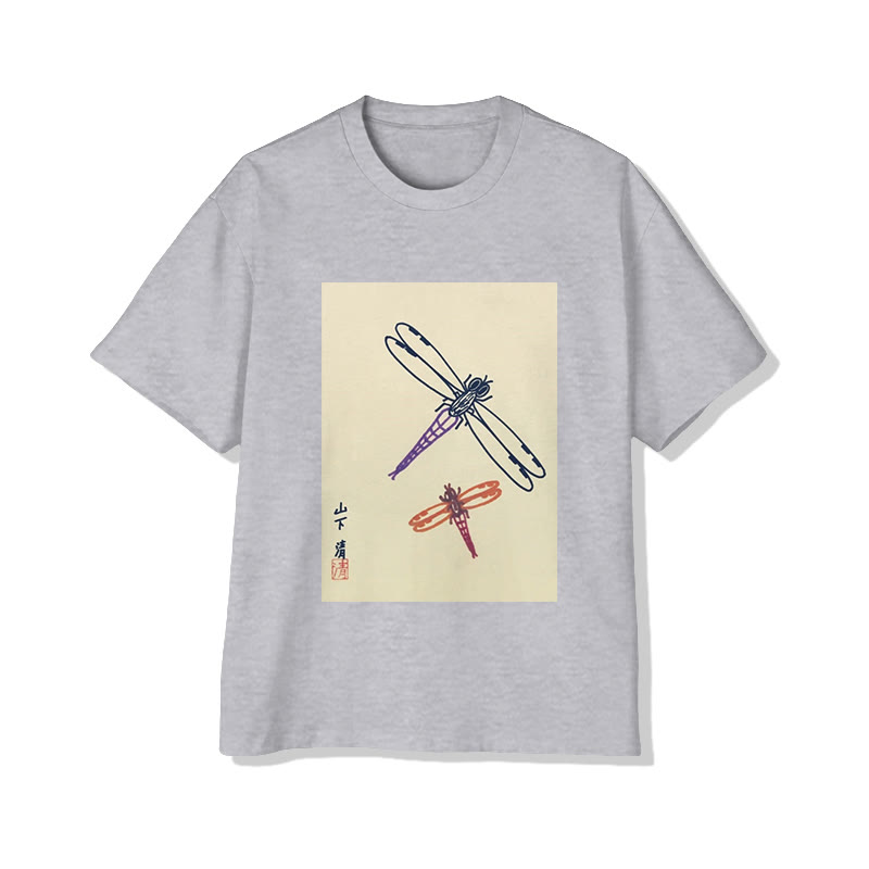 Unisex Japanese Dragonfly Ukiyo-e Art Pattern Short Sleeved Crew Neck T-Shirt - Grey - 2XL - image 1
