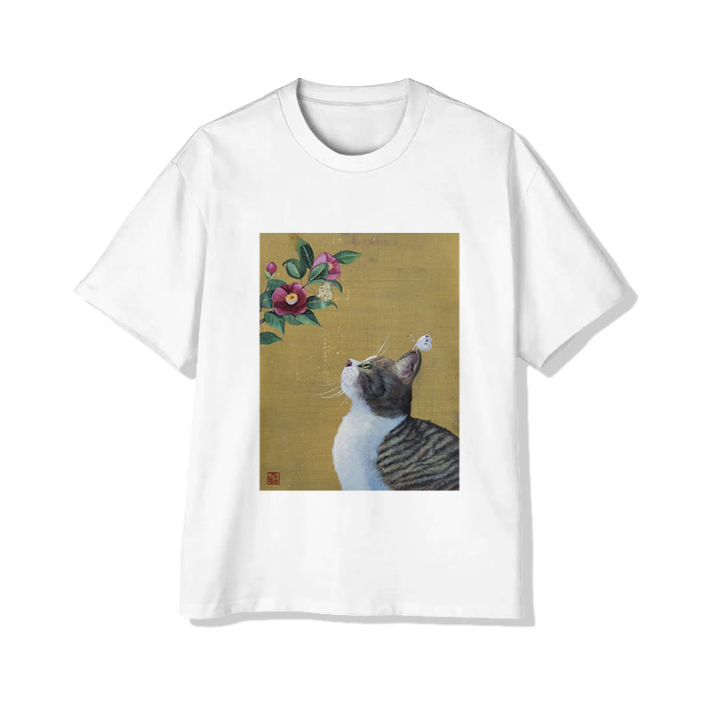 Unisex Japanese Cat And Floral Art Print Short Sleeved Crew Neck T-Shirt - White - 2XL - image 1