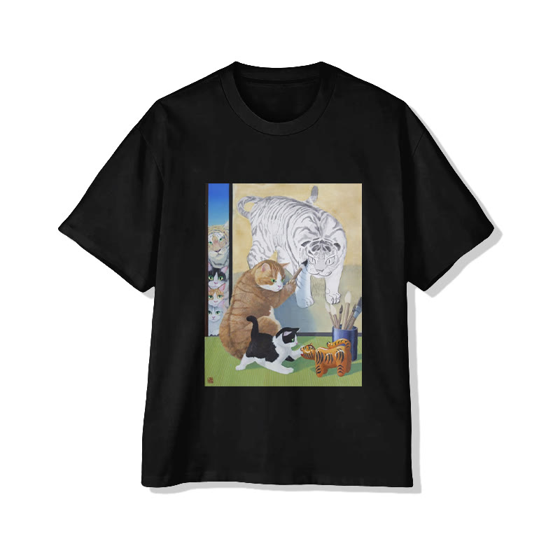 Unisex Cat And White Tiger Whimsical Art Print Short Sleeved Crew Neck T-Shirt - Black - 2XL - image 1