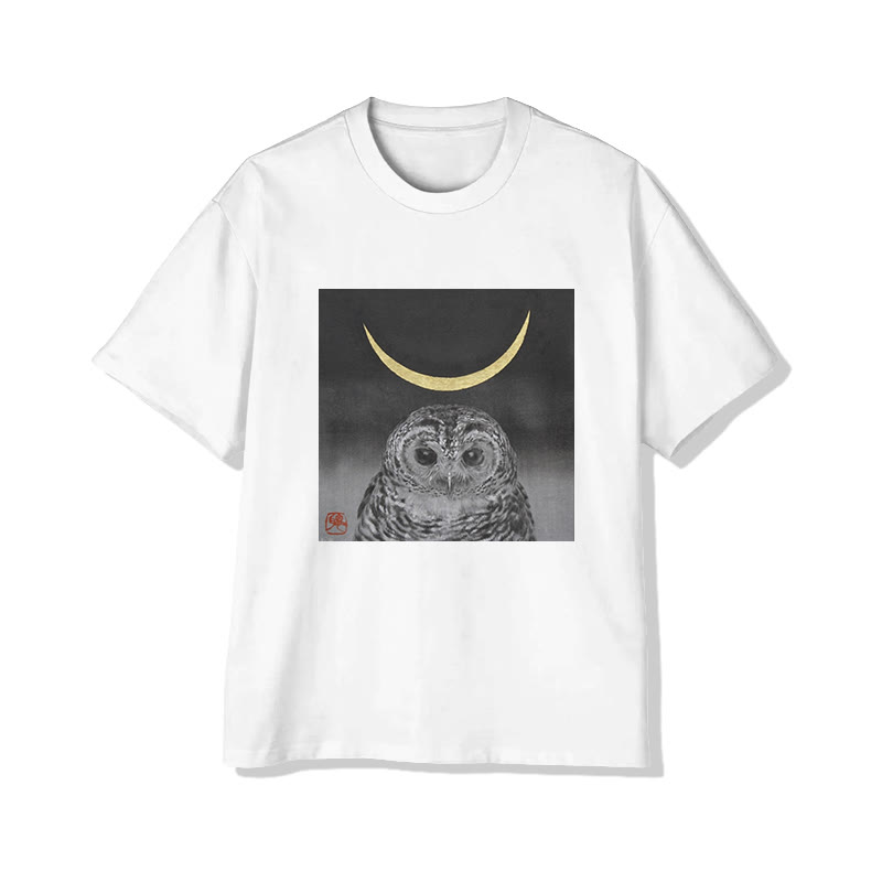 Unisex Owl And Crescent Moon Art  Print Short Sleeved Crew Neck T-Shirt - White - 2XL - image 1