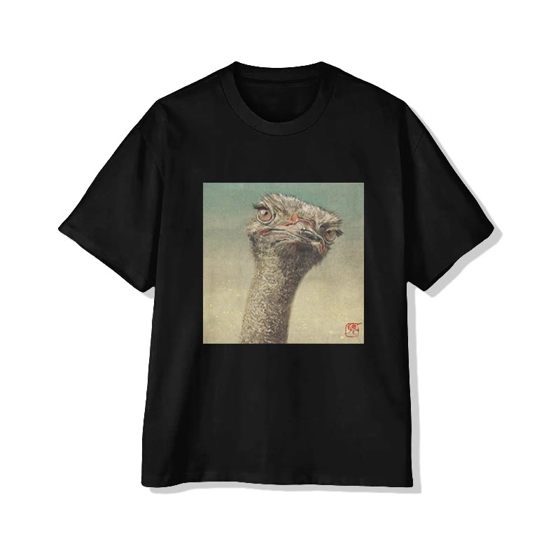 Unisex Ostrich Portrait Art Print Short Sleeved Crew Neck T-Shirt - Black - 2XL - image 2