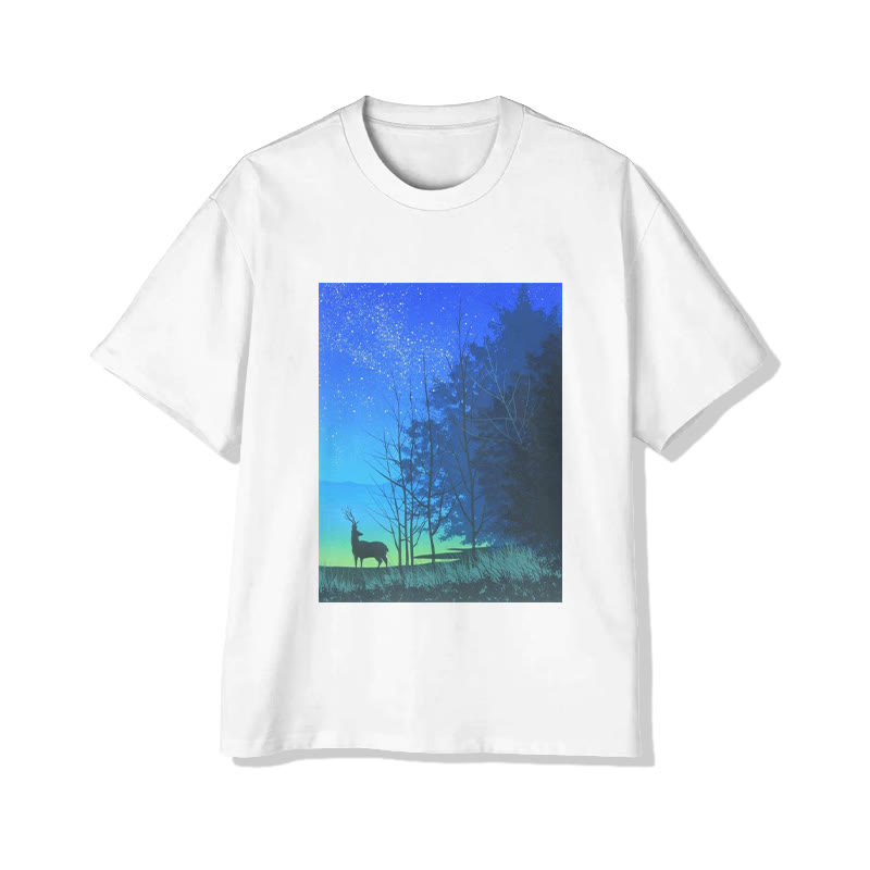 Unisex Starry Night Deer Forest Art Print Short Sleeved Crew Neck T-Shirt - White - 2XL - image 2