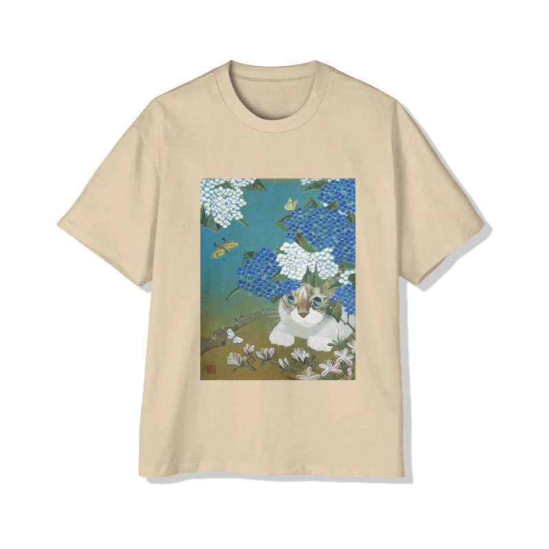 Unisex Cat And Hydrangea Garden Art Print Short Sleeved Crew Neck T-Shirt - Apricot - 2XL - image 3