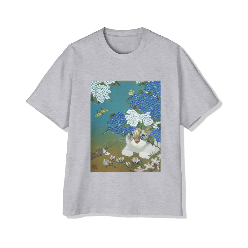 Unisex Cat And Hydrangea Garden Art Print Short Sleeved Crew Neck T-Shirt - Grey - 2XL - image 2