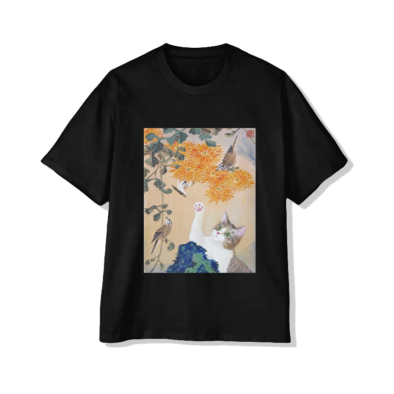 Unisex Cat And Chrysanthemum Garden Art Print Short Sleeved Crew Neck T-Shirt - Black - 2XL - image 1