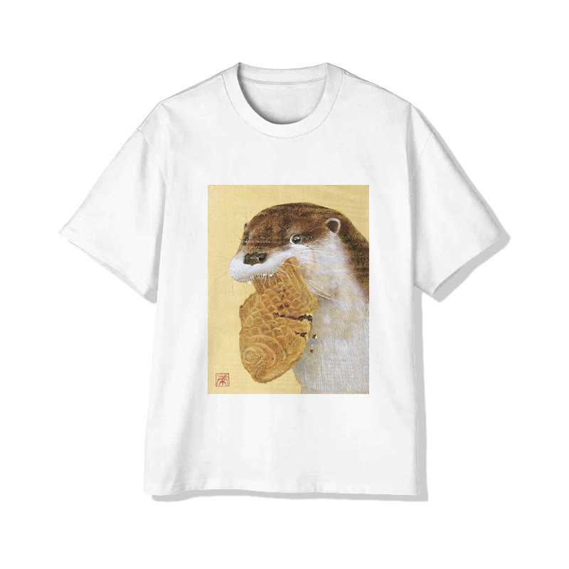 Unisex Otter And Pastry Art  Print Short Sleeved Crew Neck T-Shirt - White - 2XL - image 2