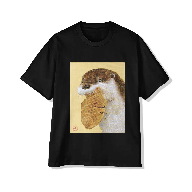 Unisex Otter And Pastry Art  Print Short Sleeved Crew Neck T-Shirt - Black - 2XL - image 1