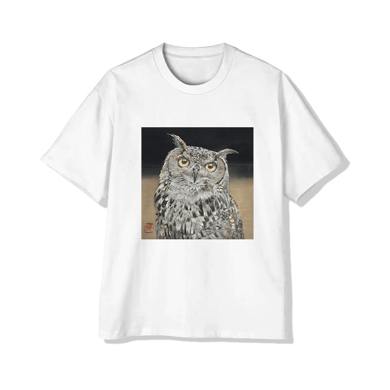Unisex Owl Portrait Art Print Short Sleeved Crew Neck T-Shirt - White - 2XL - image 1