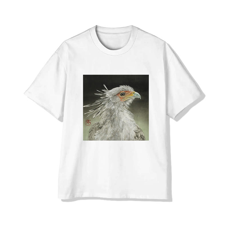 Unisex Secretary Bird Portrait Art Print Short Sleeved Crew Neck T-Shirt - White - 2XL - image 2